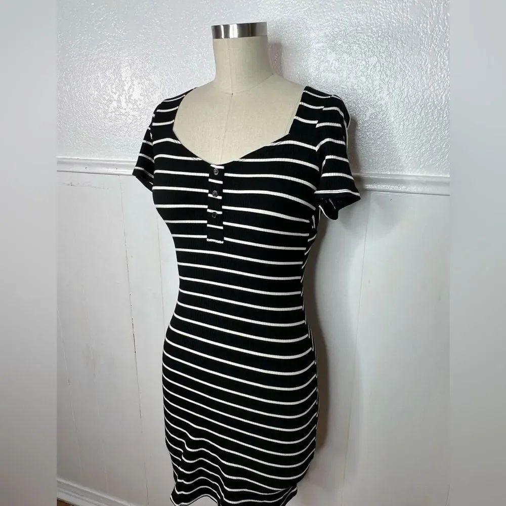 Reformation black and white stripe mini ribbed knit jersey dress M